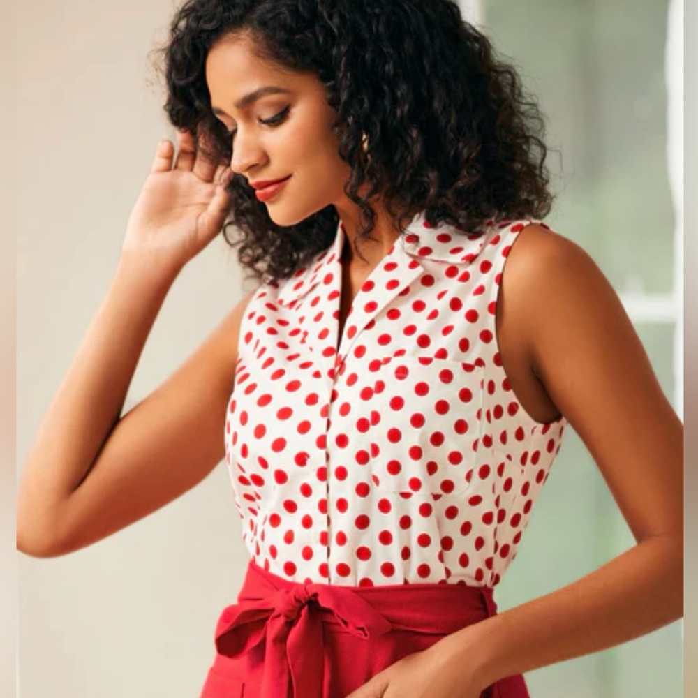 ModCloth Spotlight Spark Red Polka dot sleeveless blouse Minnie Mouse